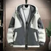 Men's Jackets Men Polar Fleece Jacket Colorblock Hooded With Plush Decor Warm Long Sleeve Cold Resistant Coat For Fall Winter