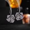 Dangle Oorbellen Prachtige Full Micro Pave CZ Multi-Petal Blossom Clear White Rose Hook Floral Drop Sieraden