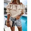 Kvinnors blusar Lady Off Shoulder Sexig Ruffled One Word Collar Lace-up Solid Mid-Sleeved Summer Casual T-Shirt Fashion Clothing 2024