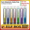 Original Elf Box 600 Puffs Disposables Vapes Pen Puff 600 Elektroniska cigaretter 2 ml 450 mAh POD Mesh Coil 0% 2% 3% 5% nivå förångare 850 mAh Uppladdningsbar mesh -spole