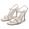 Damer High Heels Elegant Sandals Kvinnor Rhinestone Thin Heels Party Shoes Women's Fashion Heeled Sandals Black Beige 240304