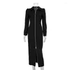 Robes décontractées longueur cheville couleur unie cardigan femme fesses enveloppées jupe longue à la mode revers fermeture éclair robe noire