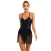 Scene Wear Womens Glitter paljetter fransade bodysuit V halsjusterbara remmar Tassel Leotard Dance Performance Costume