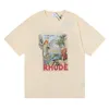 Rhude T-shirt manches courtes vêtements de sport pour hommes hip-hop dessin animé imprimé lettres couleur arc-en-ciel mode d'été pour femmes coton corde haut à manches courtes