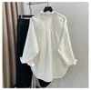 Kadın Bluzları Kadın Gömlekler 2024 Sonbahar Uzun Kol Ön Cep Pamuk Bluz Düğmesi Up Lady Rahat Basic Kısa Beyaz Gevşek Üstler
