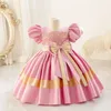 Summer Kids Girl Party Dress Oneck Little Piano Performance Big Bow Short Sleeves Satin Finish Princess Dresses H103 240223