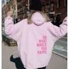 Artı Boyutu Yapın Sizi Mutlu Yapar Sweatshirt Hoodie Kadın Kırpılmış Mektup Baskı Kadınlar için Kapşonlu Bahar Gevşek Cep Uzun Kollu Bayanlar Sokak Giyim Altakçıları