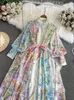 Casual Dresses 2024 Fashion Bohemain Flower Maxi Dress Women's Stand Long Lantern Sleeve Single Breasted Floral Print Lace Up Loose Boho Robe