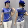 T-shirts Femmes 40-80kg Mode Imprimer Mesh Femelle O Cou À Manches Courtes Bleu Tshirt Top Femmes Extensible Slim Tee