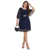 Robe en mousseline de soie pour femmes, grande taille, élégante, couleur unie, col rond, demi-manches, diamants, fermeture éclair, longueur aux genoux, fête pour dames, 240229