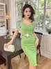 Party Dresses Summer Women Midi Dress Sweet Elegant Girly Floral Appliques Puff Sleeve 3D Flower Belt Bag Hip Slit Gown Mujer Vestidos