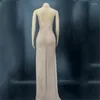 Сценическая одежда, платье со стразами, вечернее платье телесного цвета с длинным шлейфом, женское сетчатое танцевальное представление на день рождения, сексуальный костюм танцовщицы XS3071