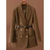 Hiver femmes épaissi chaud Blazer élégant bureau dame manteau en laine avec ceinture Double boutonnage sergé costume veste haut polyvalent 240226