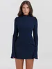 Casual Dresses Autumn Winter Long Sleeve Bodycon Club Party Dress Elegant Dark Blue Two Pocket Sexy Mini för kvinnor 2024