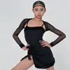 Scenkläder 2024 latin danstävlingsklänning för flickor chacha rumba tango kläder barn kläder svarta mesh toppar kostym dqs15494
