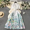 Basic Casual Women Dresses Summer Runway Beach Dress Womens Notched Collar Short Sleeve Single Breasted Floral Print Belt Long Boho Party Vestidos 2024