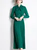 Sıradan Elbiseler Pist Moda Uzun Kollu Kadınlar İçin MAXI 2024 Tasarımcı Yay Yaka Piled Yeşil Vestidos Para Mujer Feminino Parti Robe