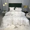 Luxury Europen Jacquard Bedding set 4pcs White Embroidery Bed cover Silky Satin Cotton Princess Quilt Duvet Cover Bedsheet pillowc199e