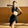 Stage Wear 2024 Latin Dance Clothes Black Lace Halterneck Tops Fringe Skirt Sexy Practice Rumba Samba Salsa Dress DNV19328