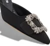 Luxury Maysale Sandals Shoes Jewel Black White Satin Square Crystal Buckle Mules Stiletto Kitten Heel Slip On Slippers EU35-43