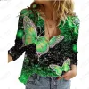 Shirt 2023 New fashion hot selling women's long sleeved button cardigan with elegant butterfly 3D printing loose casual chiffon shirt