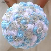 Flores de casamento JaneVini Elegante Luz Azul Branco Buquês de Noiva Com Strass de Prata Artificial Cetim Rosas Buquê Ramo Novia Boda