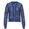 Blouses Femmes Mode Col V Fermeture À Glissière Chemise En Dentelle Femmes 2024 Manches Longues Vintage Bleu Casual Veste Courte Manteau Creux Voir À Travers Chemisier