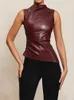 PU Leather Tank Women Street Fashion Sleeveless Pleated Slim Female Top Spring Summer Sexy Sheath Zipper Elastic Lady Shirt 240229