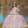 Roze Quinceanera Jurken Baljurk Off Schouder 3D Rose Bloemen Vestidos Para XV A os Gezwollen Rok Sweet 16 Prom dress226C