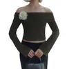 T-shirts Femmes Femmes S Sexy Hors Épaule Tops 3D Mesh Fleur À Manches Longues Col Bateau Slim Fit Crop Top Sortir Chemise De Nuit