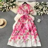 Basis Casual Women Jurkens Summer Runway Beach Jurk Dames ingerichte kraag korte mouw Single Breasted Floral Print Belt Long Boho Party Vestidos 2024