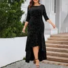 Freizeitkleider Rundhals-Damenkleid, elegant, Übergröße, Maxi mit Dreiviertelärmeln, unregelmäßigem Saum, für Abschlussball, Party, Damen, hohe Taille