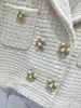 Arbetsklänningar 2024 Tidig vår White Plaid Pearl Patch Diamond Button Sticked Long Sleeved Jacket A-Line mini kjol Tvådelar