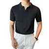 Herr t-skjortor Summer Knit Top Ribbed Lapel Men T-shirt V Neck Kort ärm Solid Color Slim Fit Pullover Sticke Business