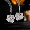 Dangle Oorbellen Prachtige Full Micro Pave CZ Multi-Petal Blossom Clear White Rose Hook Floral Drop Sieraden