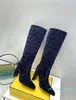 Highheeled chenile boots Baguette boot with square toe with blue and black jacquard motif Heel height 110 mm Ladies Fashion