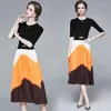 Sukienki imprezowe 2024 Kobiety na dzianiny patchwork plisowany vintage gradient kontrast pomarańczowy biuro pół rękawe sukienki midi sashes