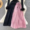 Women Casual Dresses Fashion Designer Women's Knitted Patchwork Pleated Dress Autumn Knitting Long Ostrich hair Sleeve O Neck Belt Midi Dress 2024
