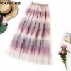 Dresses Ouslee 2021 New Pleated Maxi Skirt Women Spring Autumn High Waist Rainbow Strip Cake Long Skirts Female Fashion Mesh Falda Femme