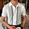 Summer Men Short-sleeved Knitted Polo Blouse Cardigan Vintage Slim Stretch Tshirts Top Business Casual Male Shirts Clothing 240301