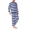 Мужская одежда для сна в стиле ретро, пижамный комплект в морском стиле, осенний темно-синий и белый полосатый модный ночной комплект из 2 предметов, повседневная ночная рубашка большого размера на заказ