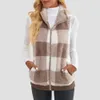 Frühling Plaid Dicke Doublefaced Fleece Weste Jacke Frauen Casual Vielseitige Stehkragen Ärmel Tasche Zip Strickjacke Weibliche 240229