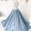 Glamorous Handmade Flowers Evening Dress Sexy High Neck Beads Lace Applique Tulle Ball Gowns Prom Dress Elegant Dubai Long Evening292k