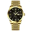 Montres-bracelets Qingxiya Hommes Montres Véritable Montre Quartz Luxe Gold Strap Fashion Business Hommes Horloge Calendrier hebdomadaire étanche