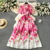 Basis Casual Women Jurkens Summer Runway Beach Jurk Dames ingerichte kraag korte mouw Single Breasted Floral Print Belt Long Boho Party Vestidos 2024