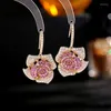 Dangle Oorbellen Prachtige Full Micro Pave CZ Multi-Petal Blossom Clear White Rose Hook Floral Drop Sieraden