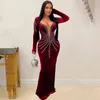 Frauen Samt Langarm Meerjungfrau Geburtstag Bodycon Midi Maxi Kleid 2024 Sexy Diamanten Abend Party Kleider 240228