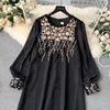 Vestidos casuais básicos verão bordado flor mini vestido feminino o-pescoço manga longa vermelho preto escritório senhora trabalho desgaste a linha festa vestidos 2024