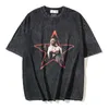 High Street Trendy Saint Washed and Distressed Graffiti Pentagram Print Camiseta unissex casual solta de manga curta