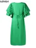 Kadınlar Maxi Elbise 2023 Vonda Zarif Ücret Kolu Yaz Bohemian Düz Renkli Buttleneck Sundress Moda Vestido Büyük boy 240308